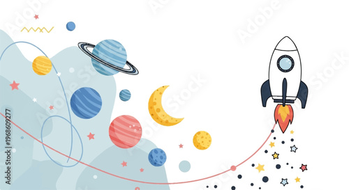Space, Rocket, Planets, Stars, Celestial Bodies Vector Illustration