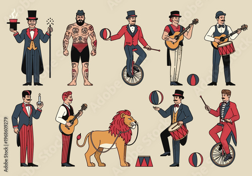 Vintage Circus Performer Characters Set with Magician, Strongman, Musicians, and Lion Tamer. Retro Carnival Illustration in Flat Mid-Century Style.