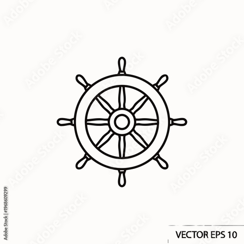 Ship's wheel illustration with multiple spokes and handles on a white background.