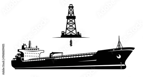 Oil Tanker and Offshore Drilling Rig Silhouette Illustration.