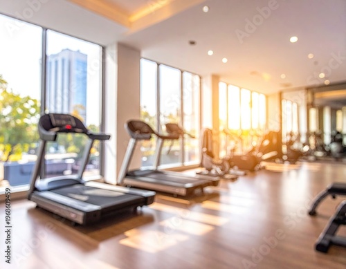 Modern Gym Interior With Treadmills And Natural Light.