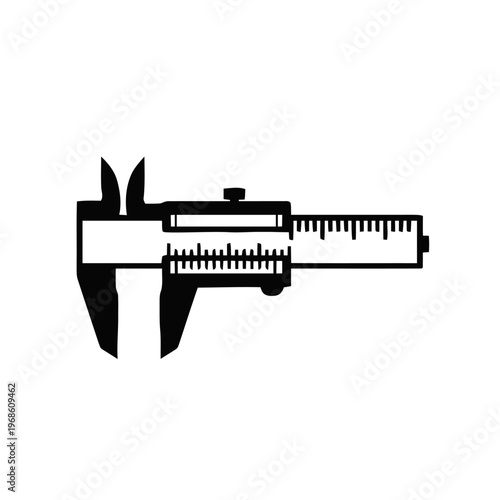 Vernier caliper with a sliding jaw and precise measurement scales is presented in a stark graphic style.