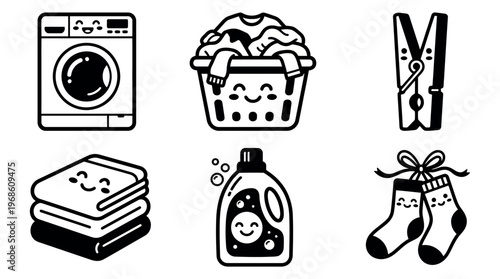 Laundry set with smiling face of washing machine, basket, clothes pin, towels, detergent and socks