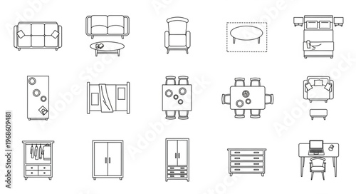 Overhead Furniture Layout - Sofas, Beds, Tables, and Storage.