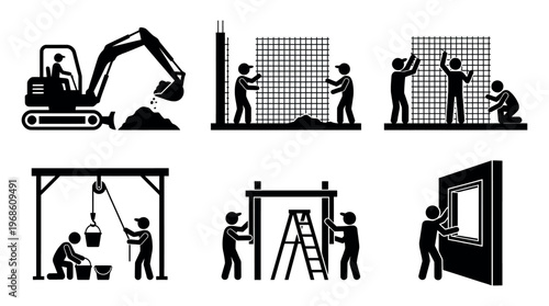 A set of construction icons representing various building phases 