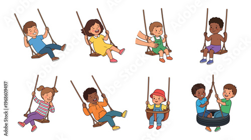 Joyful Children Swinging and Having Fun on Swings