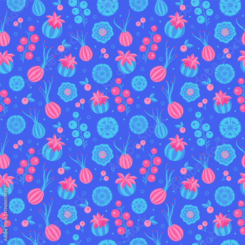 Blue berries and leaves. Vector seamless pattern.