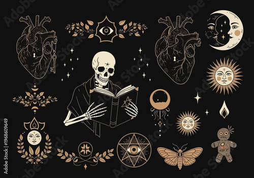Vintage Esoteric Occult Illustration Set with Skeleton, Anatomical Hearts, Moon, Sun, and Mystical Magic Symbols on Black Background