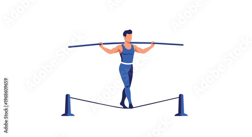 Flat illustration of a tightrope walker balancing on a rope with a pole