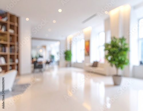 Bright modern office interior with plants and shelves.