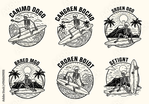 Vintage Skeleton Surfing Badge Collection: Retro Monochrome Line Art Illustrations of Skeleton Surfers, Palm Trees, and Tropical Beach Scenes for Apparel and Graphic Design
