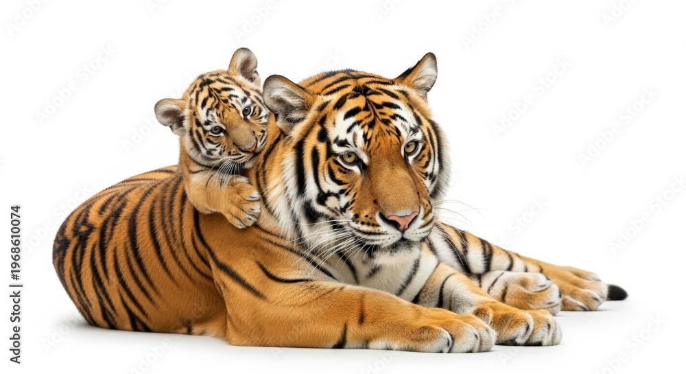 Obraz premium Close Up of Bengal Tiger Family Isolated on White