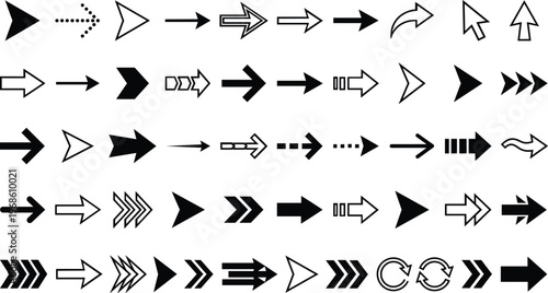 A set of various black and white arrow icons in different styles and directions for design and vector illustration purposes