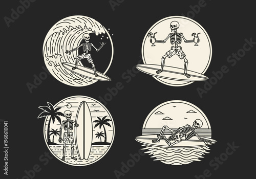 Vintage Surfing Skeleton Vector Illustrations - Retro Badge Designs Featuring Skulls, Surfboards, Palm Trees, and Tropical Beach Vibes for T-Shirt Design and Branding
