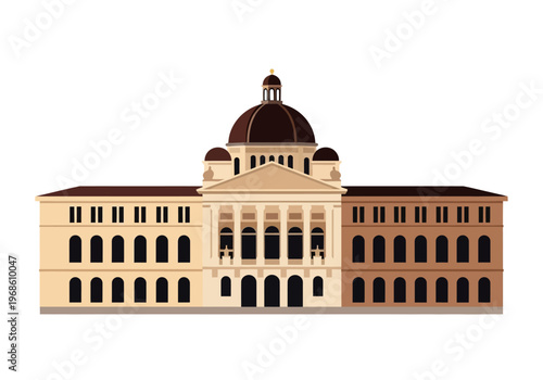 Flat Vector Illustration of a Classic Government Building with a Large Central Dome and Columns - Historic Architecture Capitol Icon Isolated on White Background