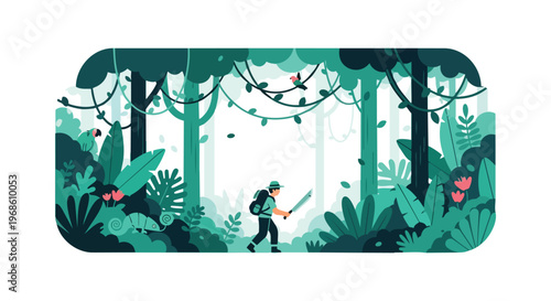 Explorer trekking through a lush tropical jungle with a machete