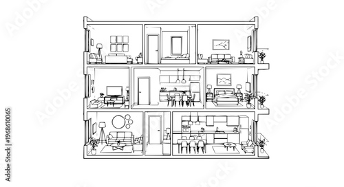 Interior Section and Floorplan Vector with Multiple Rooms and Cutaway View