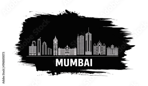 Mumbai city skyline vector with famous Indian landmarks, creative black brush stroke background and travel concept