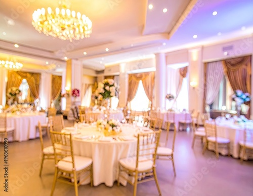 Elegant wedding reception venue with decorated tables.