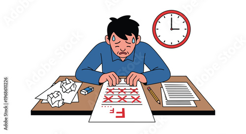 Stressed Student Failing Exam with F Grade on Paper