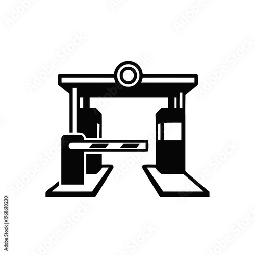 Automated barrier gate with a raised arm and a booth for a guard.