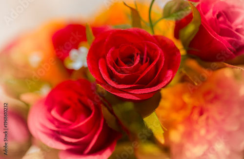 Bouquet of red roses on a light background. Soft focus.