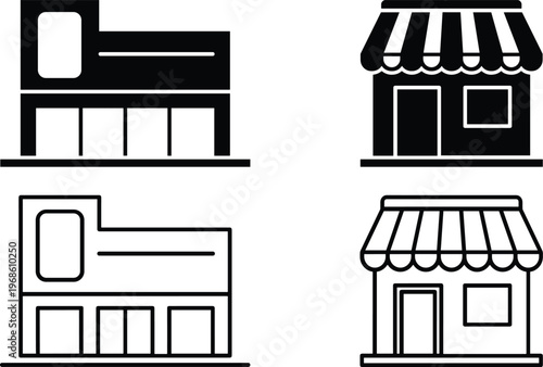 A set of line art vector illustrations featuring various storefront designs and building silhouettes in a modern concept