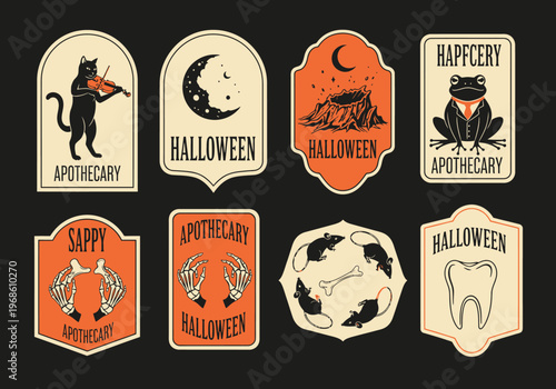 Vintage Halloween Apothecary Label Collection with Spooky Illustrations of Black Cat, Moon, Frog, and Skeleton Hands for Gothic Decor and Crafting