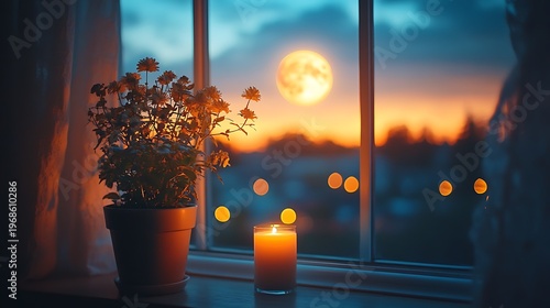 Windowsill scene at dawn or dusk with city view