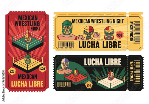 Vintage Style Mexican Lucha Libre Wrestling Event Admission Tickets Set with Masked Wrestlers and Ring Illustrations