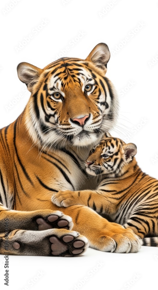 Obraz premium Adult Tiger Lying Down with Young Cub Resting on Her Back