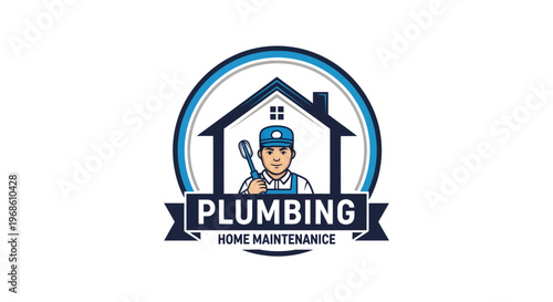 Plumbing Home Maintenance Service Logo with Plumber Holding Wrench in Front of House.