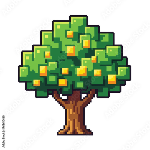 Vibrant pixel art fruit tree illustration with orange fruits and lush green leaves, a charming digital icon for games and design
