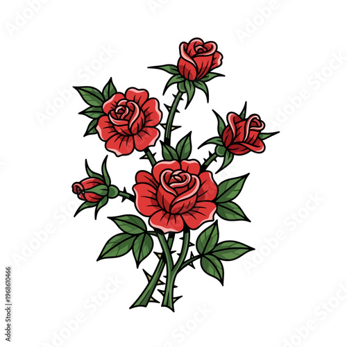 Traditional Tattoo Style Red Rose Bouquet with Green Leaves and Thorns