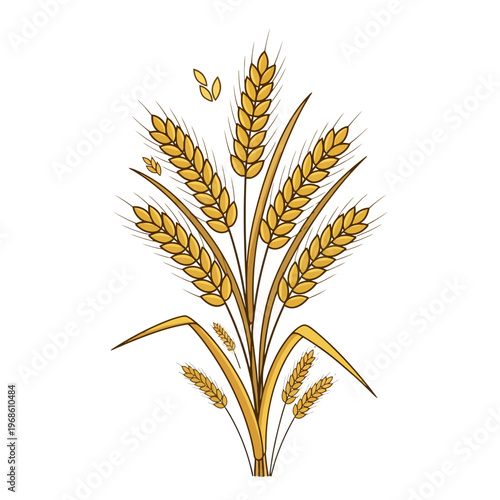 Stylized golden wheat ears and grains, an emblem of bountiful harvest, agriculture, and natural produce