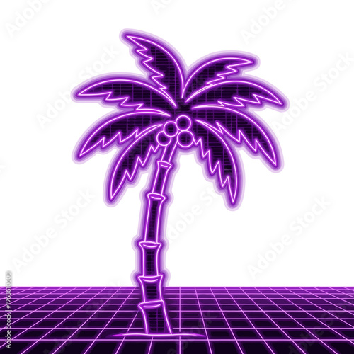Retro 80s neon palm tree glowing on a digital grid surface