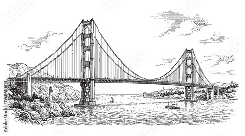 Golden Gate Bridge in San Francisco with a lighthouse and boats on the ink engraving png