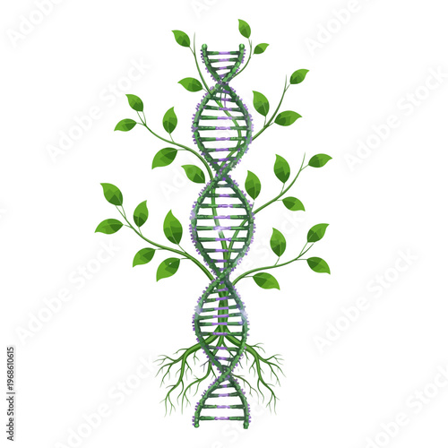 Dynamic DNA Helix Transforming into a Lush Green Plant with Roots and Leaves, Symbolizing the Intertwined Nature of Genetics, Growth, and Life Sciences
