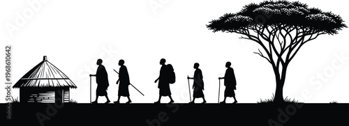 African savanna landscape silhouette with group of Maasai men walking past traditional hut and acacia tree, symbolizing tribal heritage and journey