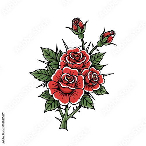 Vibrant traditional illustration depicting a bouquet of classic red roses with sharp thorns and lush green foliage, an enduring floral emblem