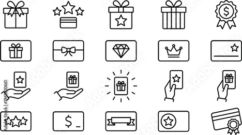 A set of line art design vector illustrations depicting gift giving and rewards in a simple silhouette style for use in various concepts and marketing materials.