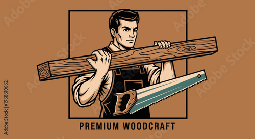 Skilled Carpenter Carrying Heavy Wood Beam with Saw.