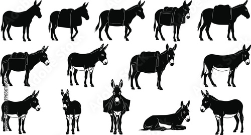 Black donkey silhouette collection featuring various poses, pack animal illustrations with saddles and burdens, standing and sitting mule set on white background