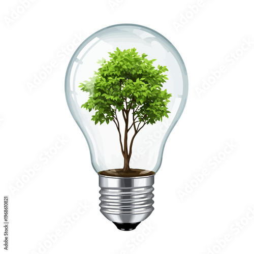 A vibrant green tree growing inside a clear lightbulb representing eco-friendly ideas