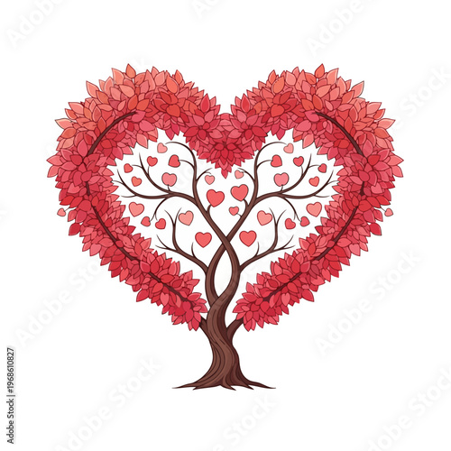 Charming Heart Tree Illustration with Vibrant Red Leaves, Symbolizing Everlasting Love, Growth, and Natural Beauty