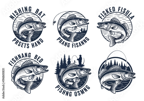 Set of Vintage Fishing Badges and Logos Featuring Walleye Fish, Fishermen, and Wilderness Landscapes; Retro Woodcut Style Emblems for Outdoor Apparel and Sporting Brand Design