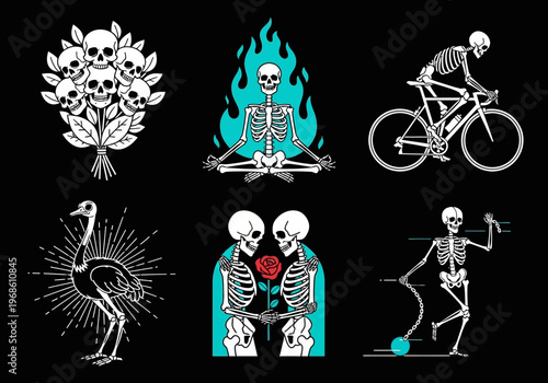 Skeleton Illustration Set with Meditating Zen Reaper, Cycling Biker, Skull Bouquet, Gothic Lovers, and Ostrich Skeleton Icons for T-shirt Design and Stickers