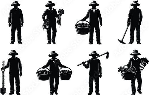 Set of farmer silhouette characters with gardening tools, vegetable baskets, carrots, shovels, and straw hats for agricultural, organic farming, and rural lifestyle concepts