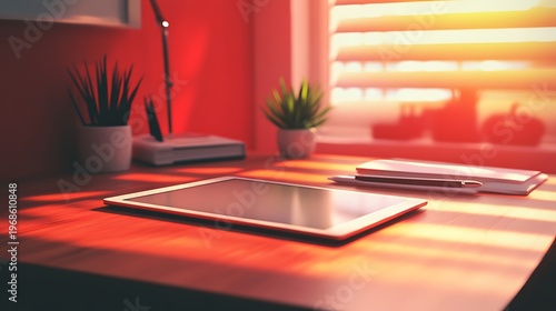 Modern workspace with a tablet on a wooden desk at sunset