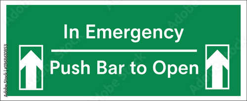 Emergency Exit Push Bar to Open Sign with Upward Arrows Green Safety Notice for Buildings Evacuation Guidance and Fire Escape Directional Signage